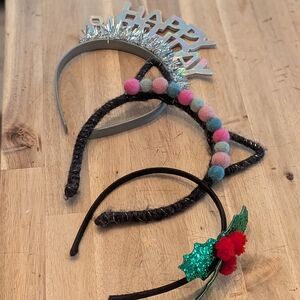 Set of 3 Decorative Headbands - Silver Birthday, Kitty Pom, Glitter Holly